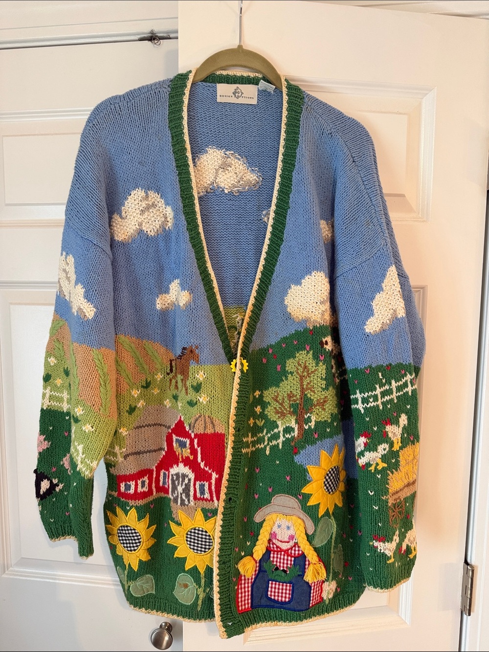 Hand-Knit Pastel Blue & Green Farm Scene Cardigan Sweater